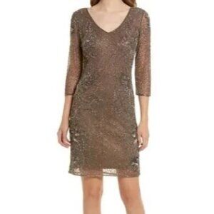 Pissarro Nights Beaded V Neck Cocktail Dress Women Size 6 NWT Long Sleeve FLAW